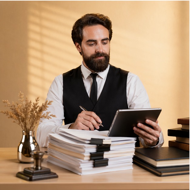 Официант проверяет документы и статусы на планшете