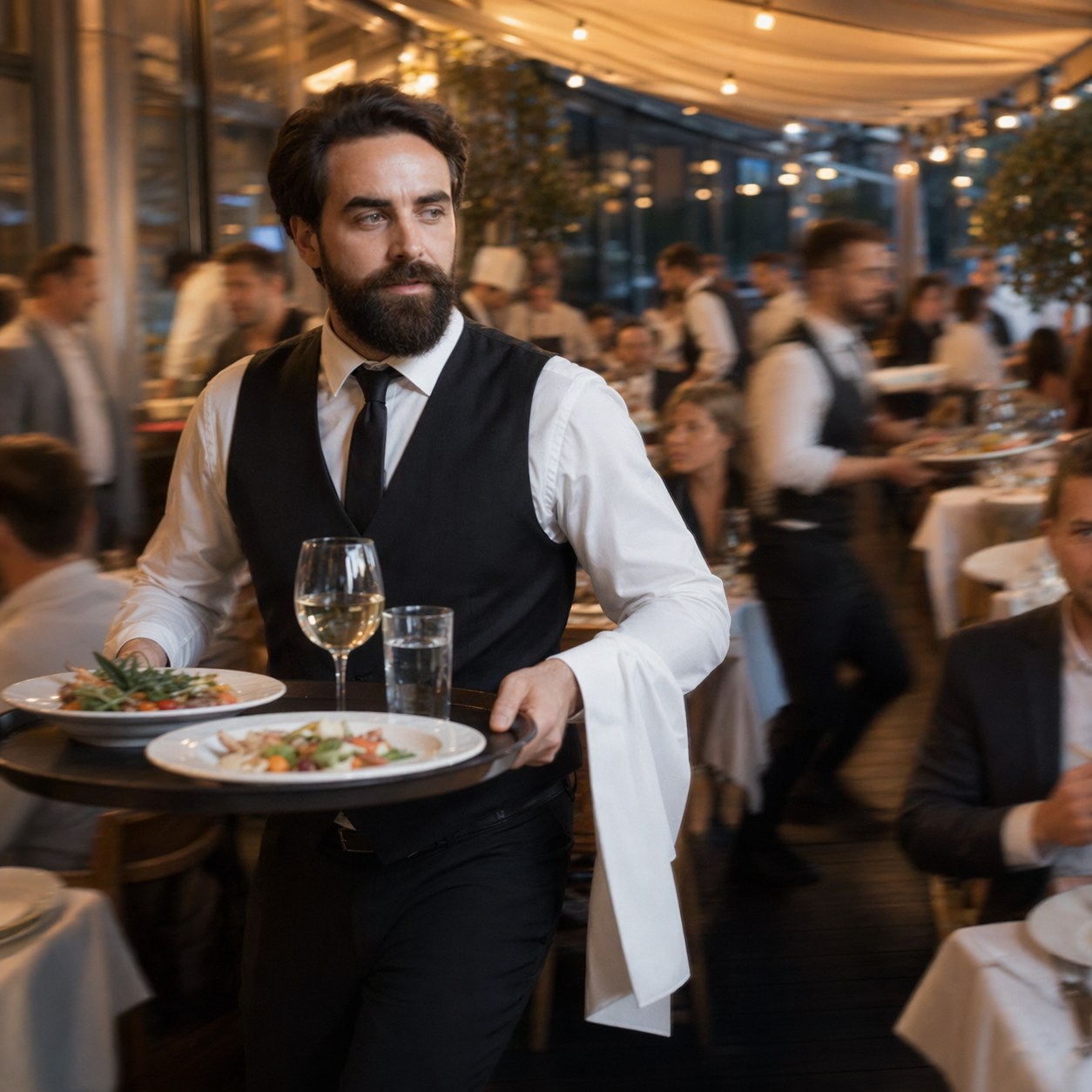 Официант в аврале на полной летней веранде ресторана