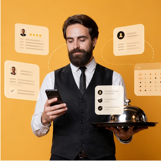 Официант с телефоном и интерфейсными карточками маркетплейса